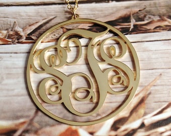 Letter Monogram Necklace,Gold Monogram Necklace,3 Initial Monogram Necklace,1.25" Vine Personalized Necklace,Custom Necklace Christmas Gift