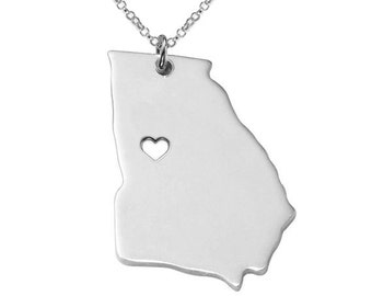 Sterling Silver GA State Necklace,Georgia State Charm Necklace,State Shaped Necklace,Personalized State Necklace State Jewelry With A Heart