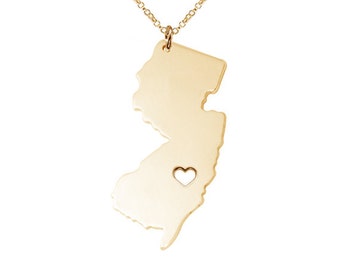 NJ State Necklace,Gold New Jersey State Necklace, NJ State Charm Necklace, State Shaped Necklace Custom Necklace With A Heart-%100 Handmade