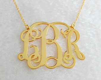 Gold Monogramm Halskette, 1,75 ""personalisierte Monogramm Halskette, 3 Initial Halskette, Gold Namensschild Halskette, Buchstaben Halskette, Hochzeitsgeschenk."