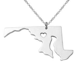 Silver MD State Necklace,Maryland State Necklace,MD State Charm Necklace Personalized MD Necklace With A Heart