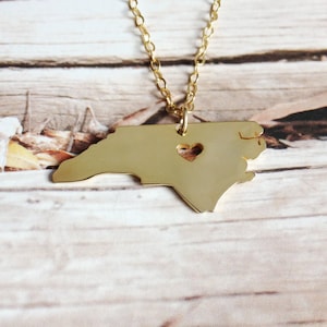 Gold NC State Shaped Necklace,North Carolina State Necklace,North Carolina Map State Charm ,Personalized NC State Necklace With A Heart