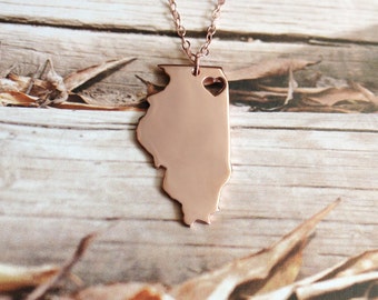 Rose Gold Illinois State Necklace,IL State Charm Necklace,State Shaped Necklace,Personalized Il State Necklace With A Heart-%100 Handmade