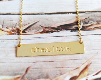 Gold Name Necklace,Engraved Bar Necklace,Engraved Coordinate Necklace,Latitude Longitude Necklace,Custom Bar Necklace,Horizontal Bar Jewelry
