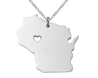 WI State Necklace,Wisconsin State Necklace,Wisconsin State Charm Necklace,State Shaped Necklace,Personalized WI State Necklace With A Heart