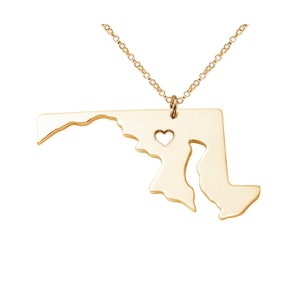 Gold MD State Shaped Necklace,Maryland State Necklace,MD State Charm Necklace Personalized MD Necklace,Gold State Necklace With A Heart