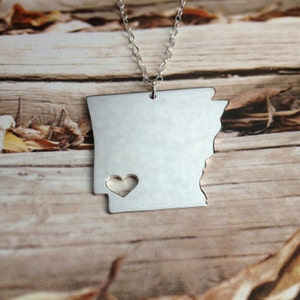 AR State Necklace,State Shaped Necklace,Arkansas State Charm Necklace,Personalized State Necklace,Silver State Necklace With A Heart
