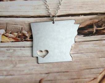 AR State Necklace,State Shaped Necklace,Arkansas State Charm Necklace,Personalized State Necklace,Silver State Necklace With A Heart