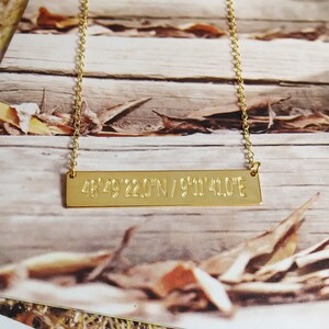 Latitude longitude necklace,Coordinates Necklace,Gold Monogram Bar Necklace,Engraved Bar Necklace,latitude longitude jewelry
