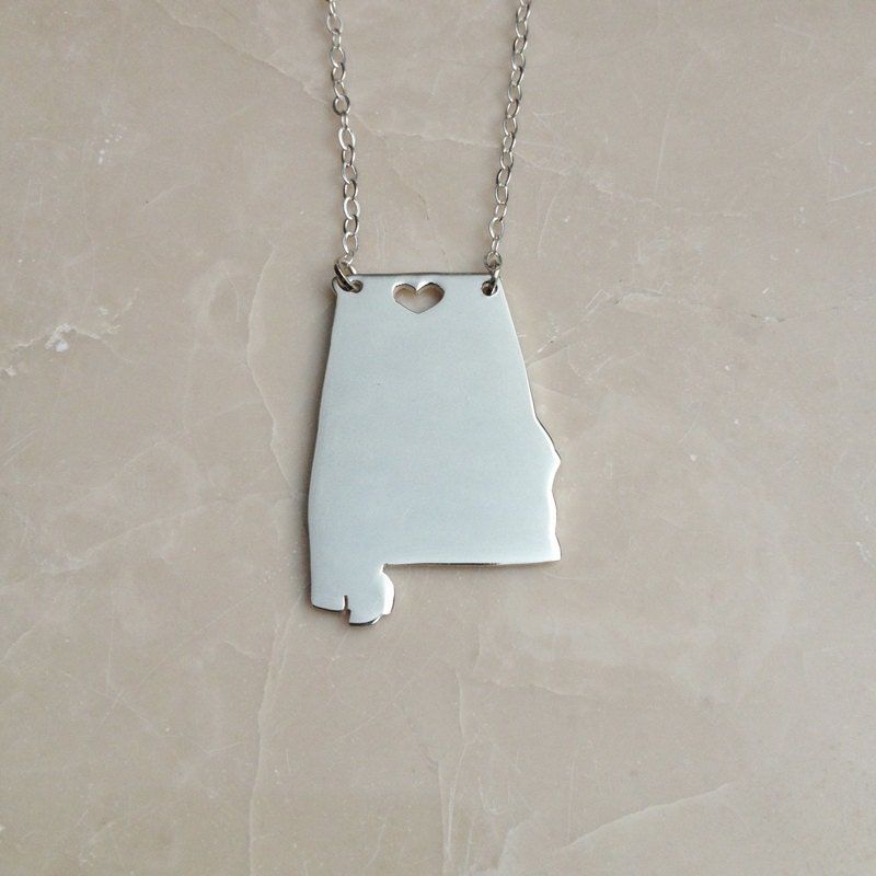 Sterling Silver Alabama State Necklace Personalized State Necklace AL State Charm Necklace State Shaped Necklace  With A Heart