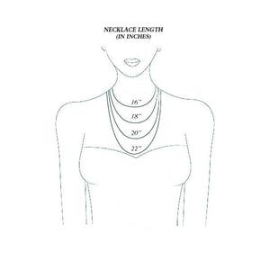 May include: Illustration of a woman's upper body with four necklace lengths: 16", 18", 20", and 22". The text "NECKLACE LENGTH (IN INCHES)" is at the top. The necklaces are shown in a curved shape around the neck.