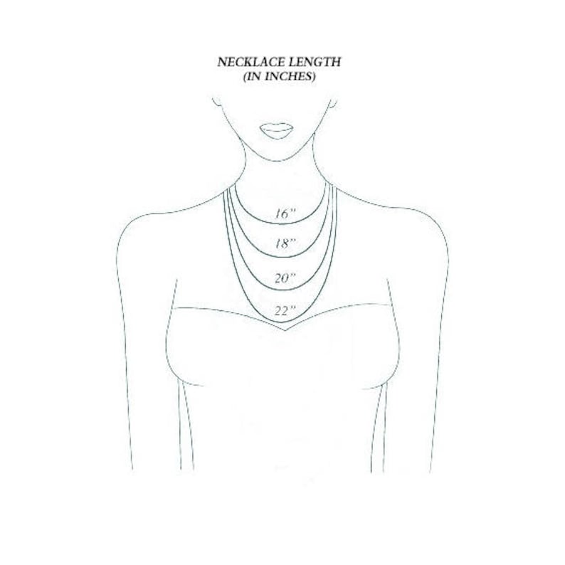 May include: Illustration of a woman's upper body with four necklace lengths: 16", 18", 20", and 22". The text "NECKLACE LENGTH (IN INCHES)" is at the top. The necklaces are shown in a curved shape around the neck.