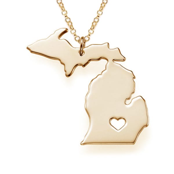 Gold Michigan State Necklace,MI State Necklace,State Shaped Necklace,Michigan Silver State Necklace,Personalized MI Necklace With A Heart