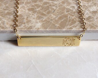 Gold Bar Necklace,Monogram Bar Necklace,Gold Engraved Necklace,3 Initial Bar Necklace,Contemporary Bridesmaid's Necklace Custom Jewelry