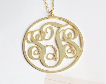 Custom Gold Monogram Necklace,Three Initial Monogram Necklace,2" Letter Monogram Necklace,Vine Personalized Necklace,Christmas Gift