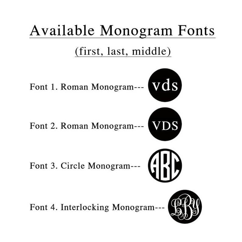 Puede incluir: Se muestran cuatro estilos de fuente de monograma diferentes con ejemplos de las letras "VDS", "ABC" y "BBY". Las fuentes est&aacute;n etiquetadas como Monograma romano, Monograma romano, Monograma circular y Monograma entrelazado.