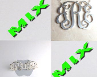 Sterling Silver Monogram Necklace MIX Initial Monogram Earings-3 Initials Necklace 1.25"Personalized Necklace Christmas Gift Custom Jewelry