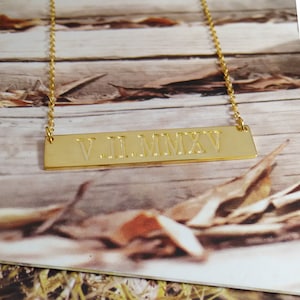 Roman Numeral Date Necklace,WEDDING DATE Necklace,Due Date Necklace,Horizontal Bar Necklace,Engraved Bar Necklace,Love Necklace