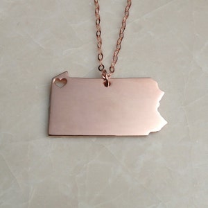 Rose Gold Pennsylvania State Necklace,PA State Necklace,State Shaped Necklace,Personalized PA Necklace,PA State Necklace With A Heart
