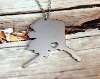 Alaska State Shaped Necklace,AK State Charm Necklace,Alaska State Necklace,Personalized Alaska State Necklace With A Heart-%100 Handmade