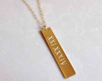 Engraved Bar Necklace,Roman Numeral Vertical Bar Necklace,Personalized Vertical Bar Necklace,Sterling Sliver Vertical Bar Charm,Bar Jewelry