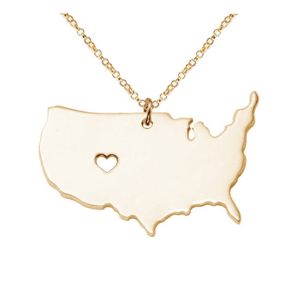 Große Amerika-Halskette, Amerika-Karten-Anhänger, personalisierte USA-Staats-Halskette, Staats-Anhänger, Karten-Halskette mit Herz – 100 % handgefertigt