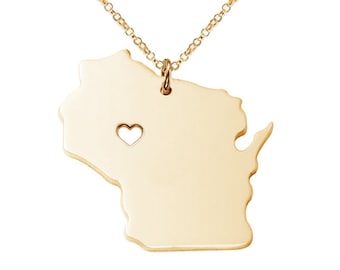 Wisconsin State Necklace,WI State Necklace,Wisconsin State Charm Necklace,State Shaped Necklace,Personalized WI State Necklace With A Heart