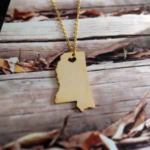 Gold MS State Necklace,Mississippi State Necklace,Mississippi State Charm Necklace, State Shaped Necklace Custom Necklace With A Heart