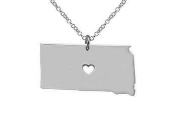 Silver SD State Necklace,South Dakota State Necklace with A Heart,South Dakota State Love Necklace ,Custom SD State Necklace