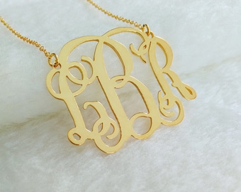 Gold Monogrammed Necklace,1.25"Personalized Monogram Necklace,3 Initial Necklace,Nameplate Necklace,Letter Necklace Christmas Gift