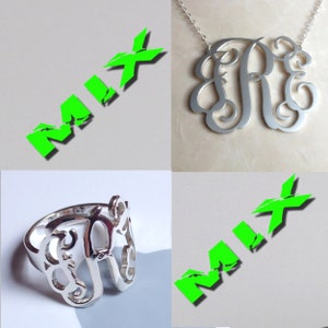 3 Initials Necklace Sterling Silver Monogram Necklace MIX Initial Monogram Ring-1.25&quot;Personalized Necklace Christmas Gift Custom Jewelry