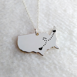 USA Halskette, USA Halskette, USA Karte mit Zwei Herzen, USA Schmuck, Sterling Silber Charm, Silber Halskette