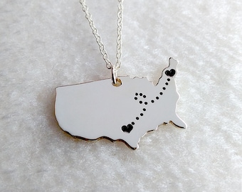 Arkansas To Illinois Necklace,USA Shaped Necklace,UNITED STATES Map with Two Hearts Handmade,Friends Necklace,Homesick Sterling Silver Charm