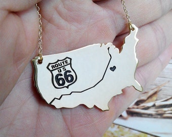 US Route 66 Travel Map Necklace 2"inch State Charm Necklace State Shaped Necklace Personalized State Necklace Custom Necklace With A Heart