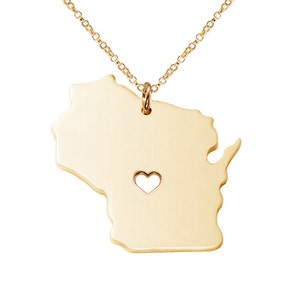 Wisconsin State Necklace,WI State Charm Necklace,Personalized Wisconsin State Necklace,State Shaped Necklace With A Heart