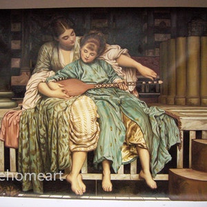 May include: A painting of two women, one older and one younger, sitting on a bench. The older woman is wearing a green and gold dress and the younger woman is wearing a blue and gold dress. The younger woman is playing a lute.