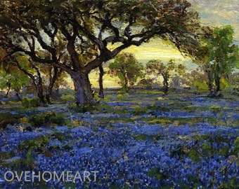 handpainted Old Live Oak Tree and Bluebonnets on the West Texas Military Grounds, San Antonio - Julian Onderdonk oil painting reproduction