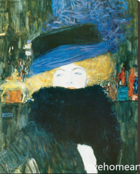 Wall Decor Gustav Klimt Lady With Hat And Feather Boa Leather Print Framed Leather Art |Home Interior Picture Decorative art