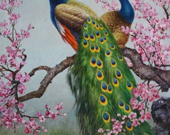 High quality handpainted peacock oil painting reproduction two peacocks in plum blossom  for valentine's day gift  home decor wall art