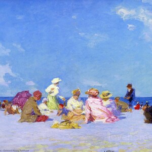May include: A painting of a group of people on a beach. The people are wearing summer clothes and hats. The beach is sandy and the sky is blue with white clouds. The painting is done in a style that is reminiscent of Impressionism.
