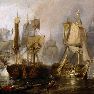 May include: A painting depicting a naval battle scene with multiple ships sailing on a choppy sea. The ships are mostly brown and white with billowing sails. The sky is overcast with a dramatic, stormy feel.