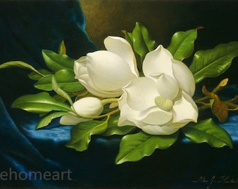 Museum Quality Hand-painted Famous Oil Painting Reproduction Martin Johnson Heade Giant Magnolias On A Blue Velvet Cloth Ding Room Painting