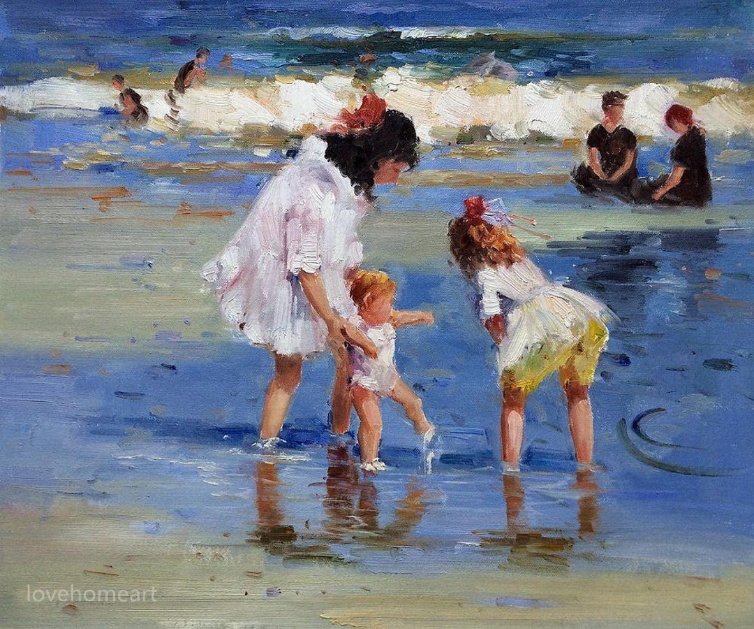 100% Hand Painted Children Playing at the Seashore Edward Henry