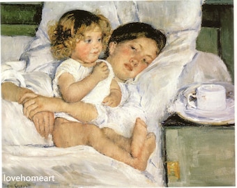 breakfast in bed - mary cassatt high quality hand-painted oil painting  mother and child family love for child room decor or gift