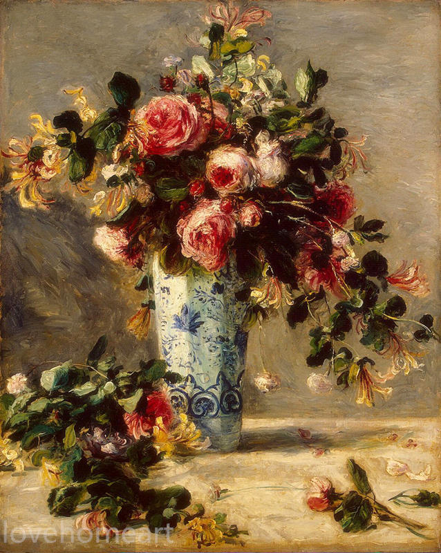 ROSES IN A VASE FLOWERS 1876 FRENCH IMPRESSIONIST PAINTING BY RENOIR REPRO