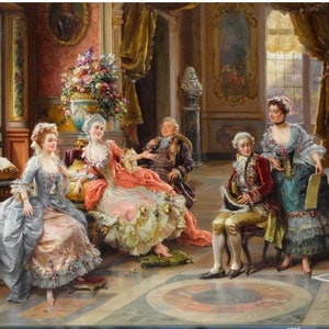 May include: A painting depicting a group of people in a richly decorated room. The people are dressed in elegant 18th-century clothing and are engaged in conversation. There is a large vase of flowers in the background, and the walls are adorned with ornate mouldings.