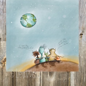 Save our Planet + little space aliens admire earth