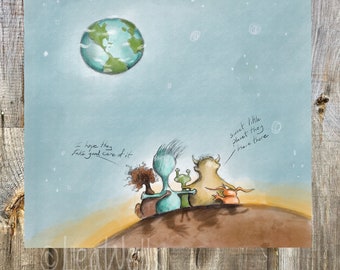 Save our Planet + little space aliens admire earth