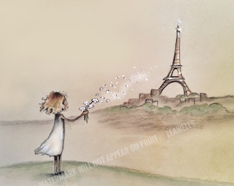 May include: A girl in a white dress blows dandelion seeds towards the Eiffel Tower in the distance. The background is a light brown colour.