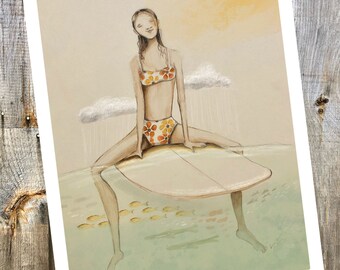 May include: A painting of a woman sitting on a surfboard in the ocean. She is wearing a floral bikini and has a relaxed expression on her face. The water is a light blue and there are small fish swimming around her. The sky is a light yellow and there is a cloud in the background.